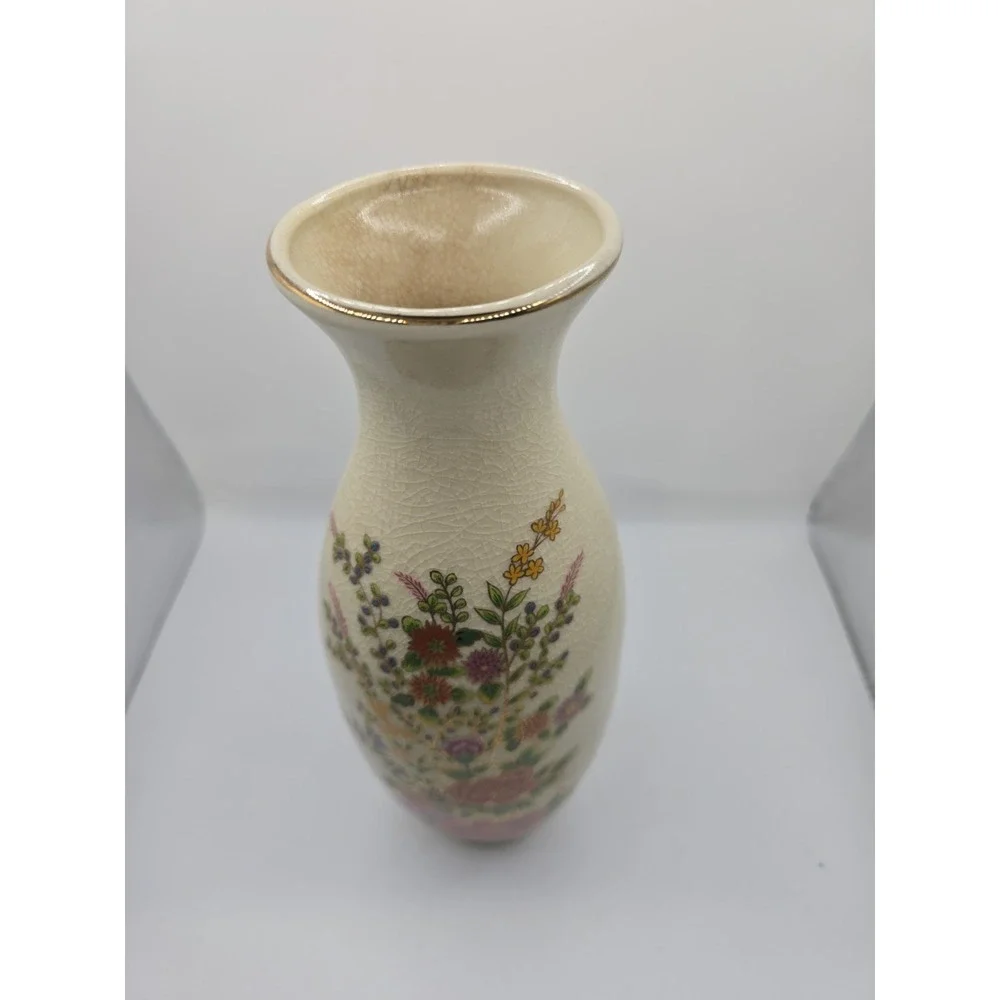 Vtg Mid-Century Japanese Floral Vase, Creamy White With Chinoiserie Design 11 in